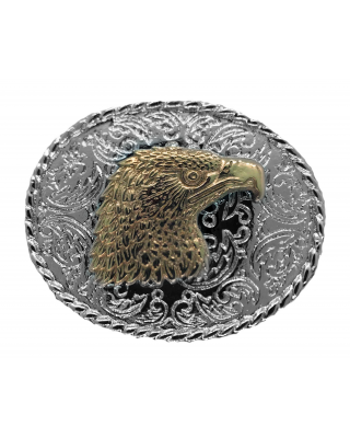 Belt Buckle - Oval Rodeo Eagle Head Silver and Gold