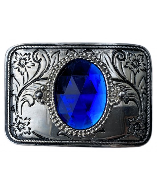Belt Buckle - Blue Faceted Floral