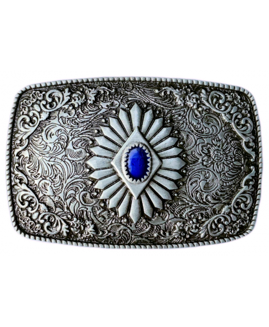 Belt Buckle -  Silver Burst with Blue Stone