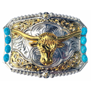 Belt Buckle - Steer Turquoise Stone