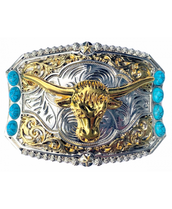 Belt Buckle - Steer Turquoise Stone