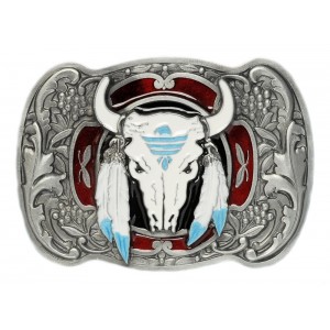 Belt Buckle - Buffalo Skull With Feathers Belt Buckle - Buffalo Skull With Feathers
