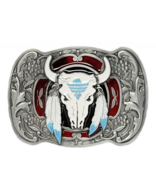 Belt Buckle - Buffalo Skull With Feathers
