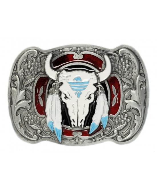 Belt Buckle - Buffalo Skull With Feathers Belt Buckle - Buffalo Skull With Feathers