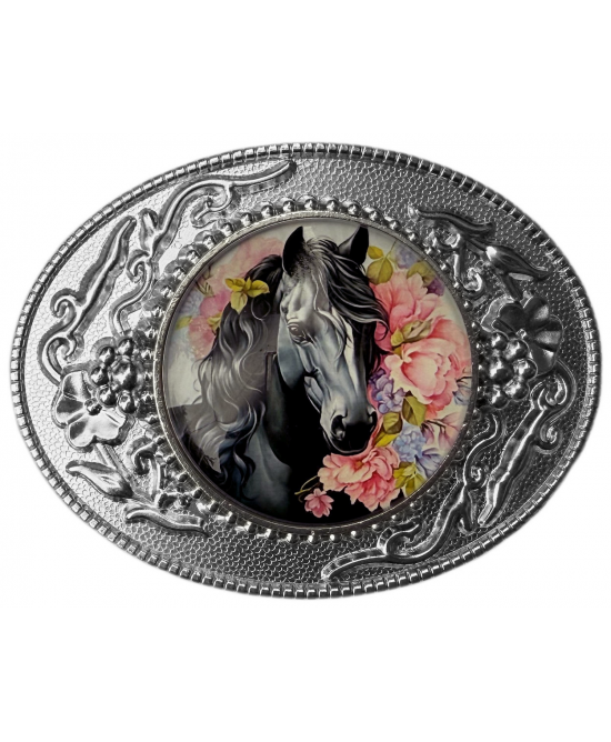 Belt Buckle - Black Horse Flowers Belt Buckle - Black Horse Flowers