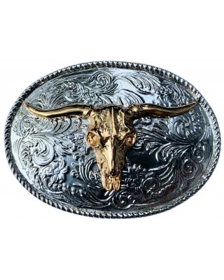 Belt Buckle - Oval Rodeo Steer Head Gold & Silver Plated