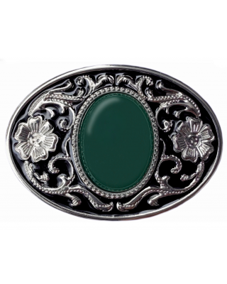 Belt Buckle - Western Style Oval Filigree with Green Cabochon Centre