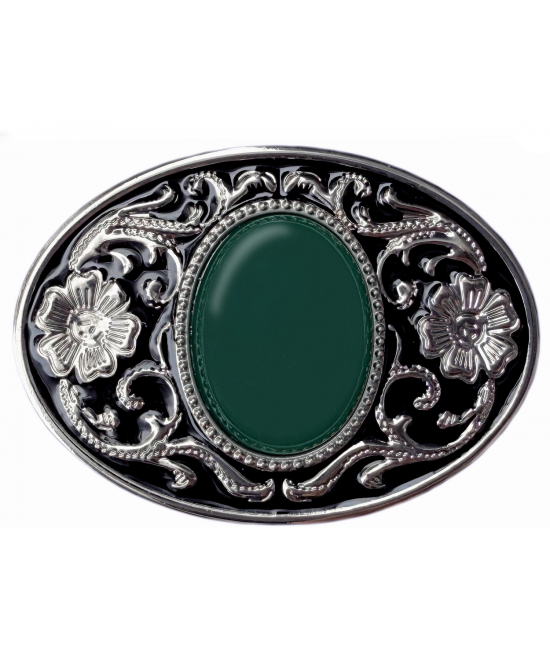 Belt Buckle - Western Style Oval Filigree with Green Cabochon Centre