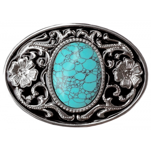 Belt Buckle - Western Style Oval Filigree with Turquoise Colour Cabochon Centre