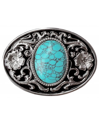 Belt Buckle - Western Style Oval Filigree with Turquoise Colour Cabochon Centre