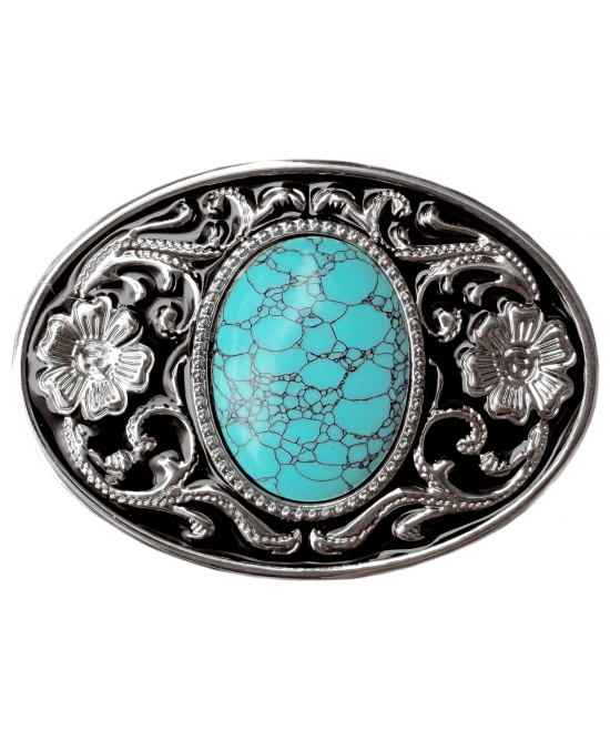Belt Buckle - Western Style Oval Filigree with Turquoise Colour Cabochon Centre