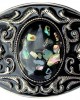 Belt Buckle - Oval Filigree with Black w/ Fragments Cabochon Centre Belt Buckle - Oval Filigree with Black w/ Fragments Cabochon Centre