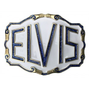 Belt Buckle - Elvis Blue Glitter White 