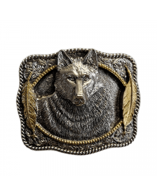 Belt Buckle - Wolf Head Feathers Gold Silver Plated