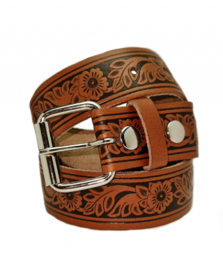 Leather Belt - Flowers Tan Brown