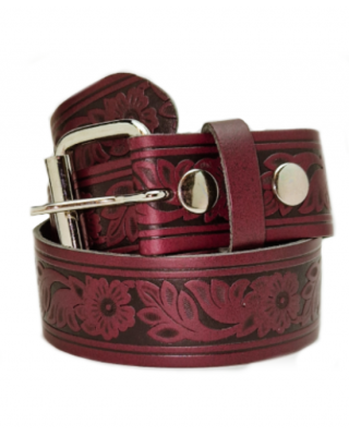 Leather Belt - Flowers Purple Burgundy
