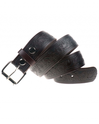 Leather Belt - Flowers Espresso Dark Brown