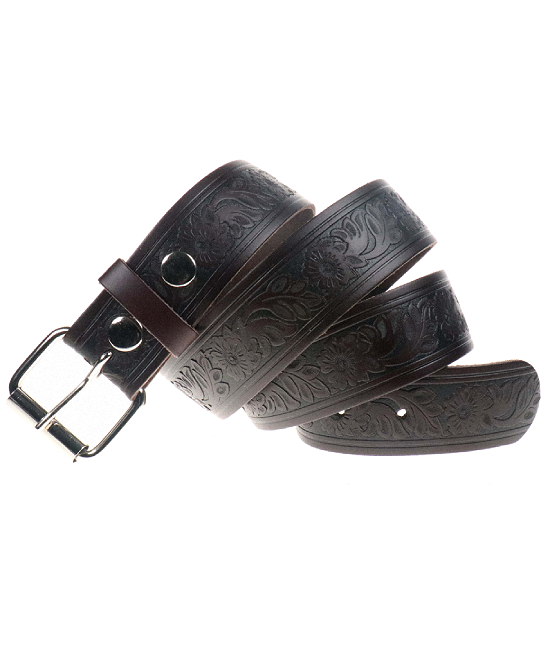 Leather Belt - Flowers Espresso Dark Brown