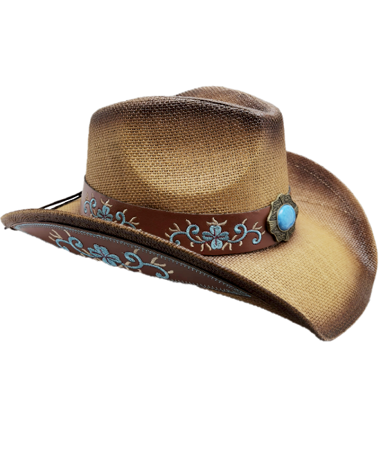 Straw Western Hat Brown with Turquoise Stone Straw Western Hat Brown with Turquoise Stone