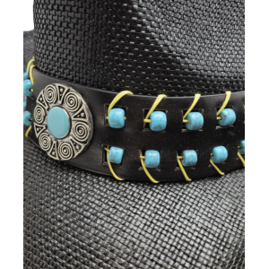 Straw Western Hat Turquoise Beads Black