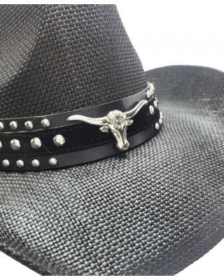 Straw Western Hat Steer Black