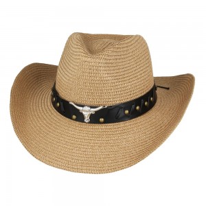 Straw Western Hat - Steer with Brown Hatband