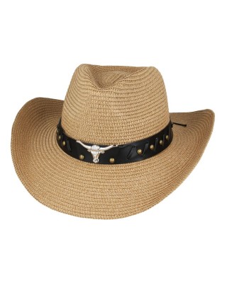 Straw Western Hat - Steer with Brown Hatband