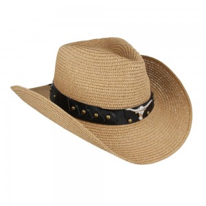 Straw Western Hat - Steer with Brown Hatband