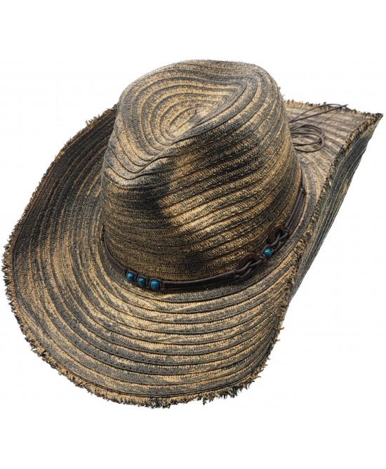 Straw Western Hat with Turquoise Beads - Distressed Beige Straw Western Hat with Turquoise Beads - Distressed Beige