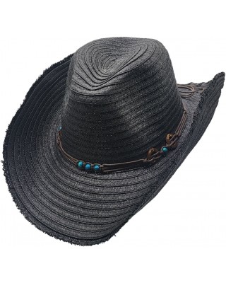 Straw Western Hat with Turquoise Beads - Black