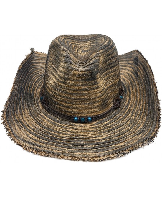 Straw Western Hat with Turquoise Beads - Distressed Beige Straw Western Hat with Turquoise Beads - Distressed Beige