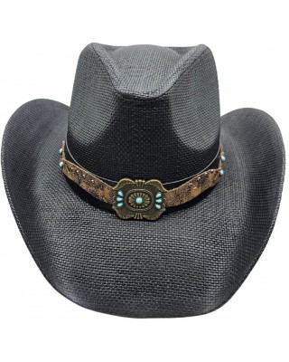 Straw Western Hat Turquoise Concho Hatband Black