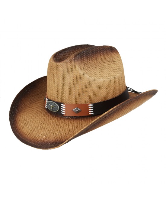 Straw Summer Cowboy Hat With Black and Brown Steer Hatband