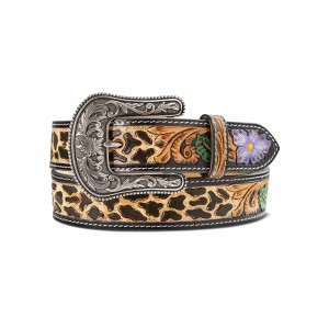 Leather Belt - Ariat Hand Tooled Cheetah Print With Painted Flower Belt Leather Belt - Ariat Hand Tooled Cheetah Print With Painted Flower Belt