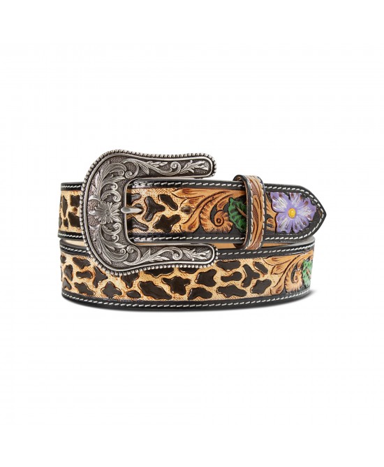 Leather Belt - Ariat Hand Tooled Cheetah Print With Painted Flower Belt Leather Belt - Ariat Hand Tooled Cheetah Print With Painted Flower Belt