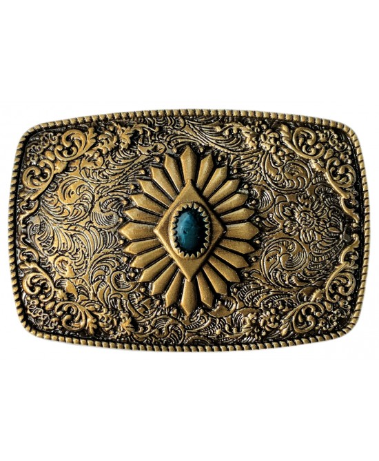 Belt Buckle - Western Rectangle Brass Plated with a Blue Stone Belt Buckle - Western Rectangle Brass Plated with a Blue Stone