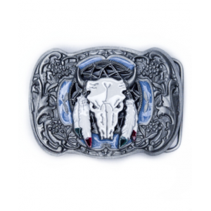 Belt Buckle - Steer Skull Silver Blue Black