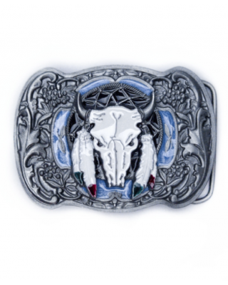 Belt Buckle - Steer Skull Silver Blue Black
