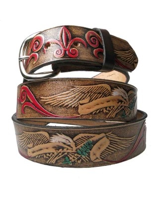 Leather Belt - Flying Eagle Red Scroll